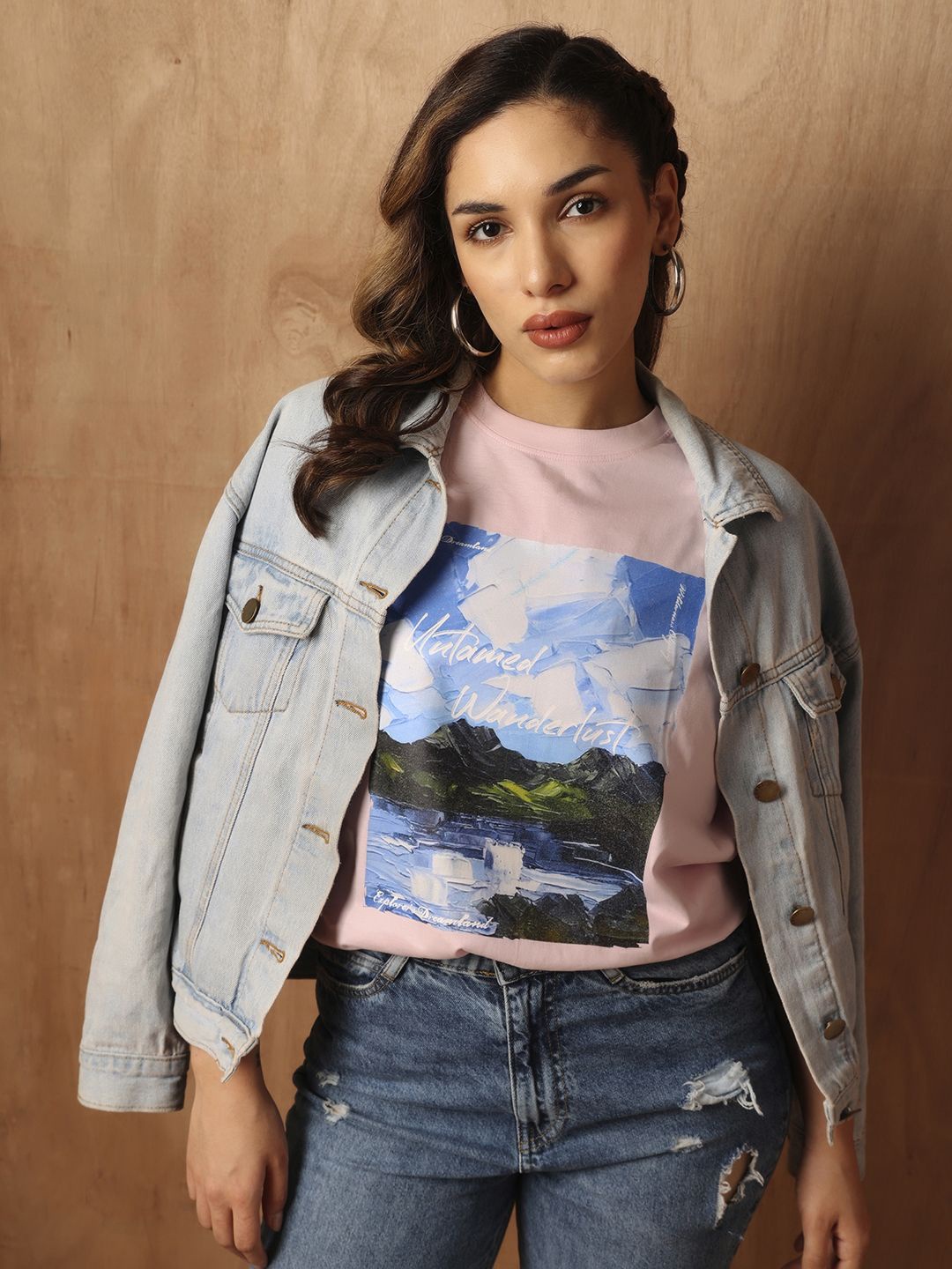 

The Roadster Lifestyle Co Graphic Printed Oversized Cotton T-Shirt, Pink