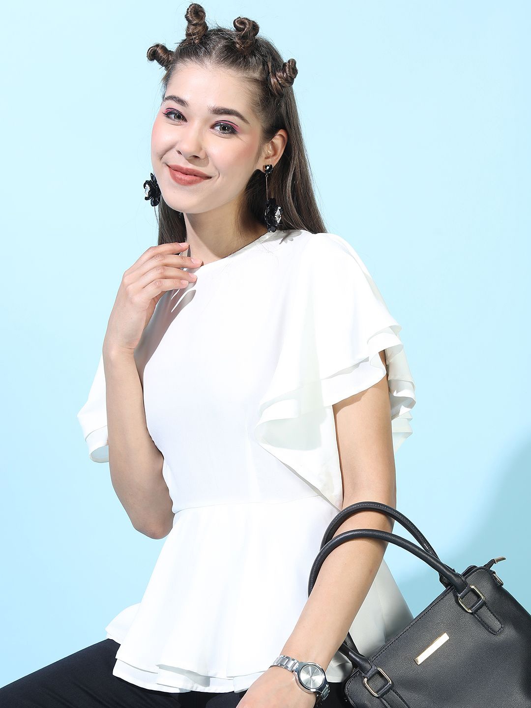 

Tokyo Talkies Flutter Sleeve Crepe Peplum Top, White