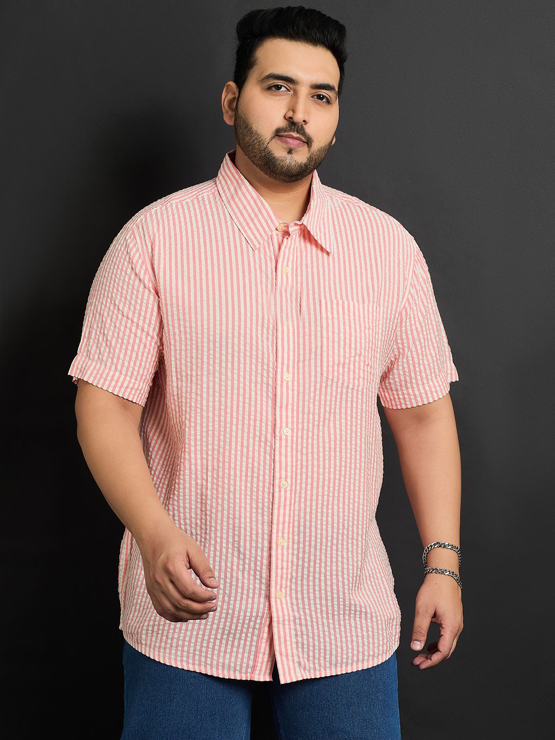 

bigbanana Plus Size Gingham Checks Seersucker Pure Cotton Casual Shirt, Red