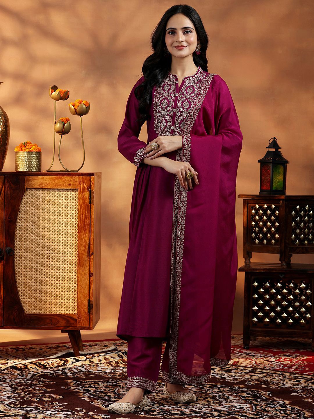 

Libas Floral Yoke Design Zari Panelled Thread Work A Line Kurta with Palazzos & Dupatta, Maroon