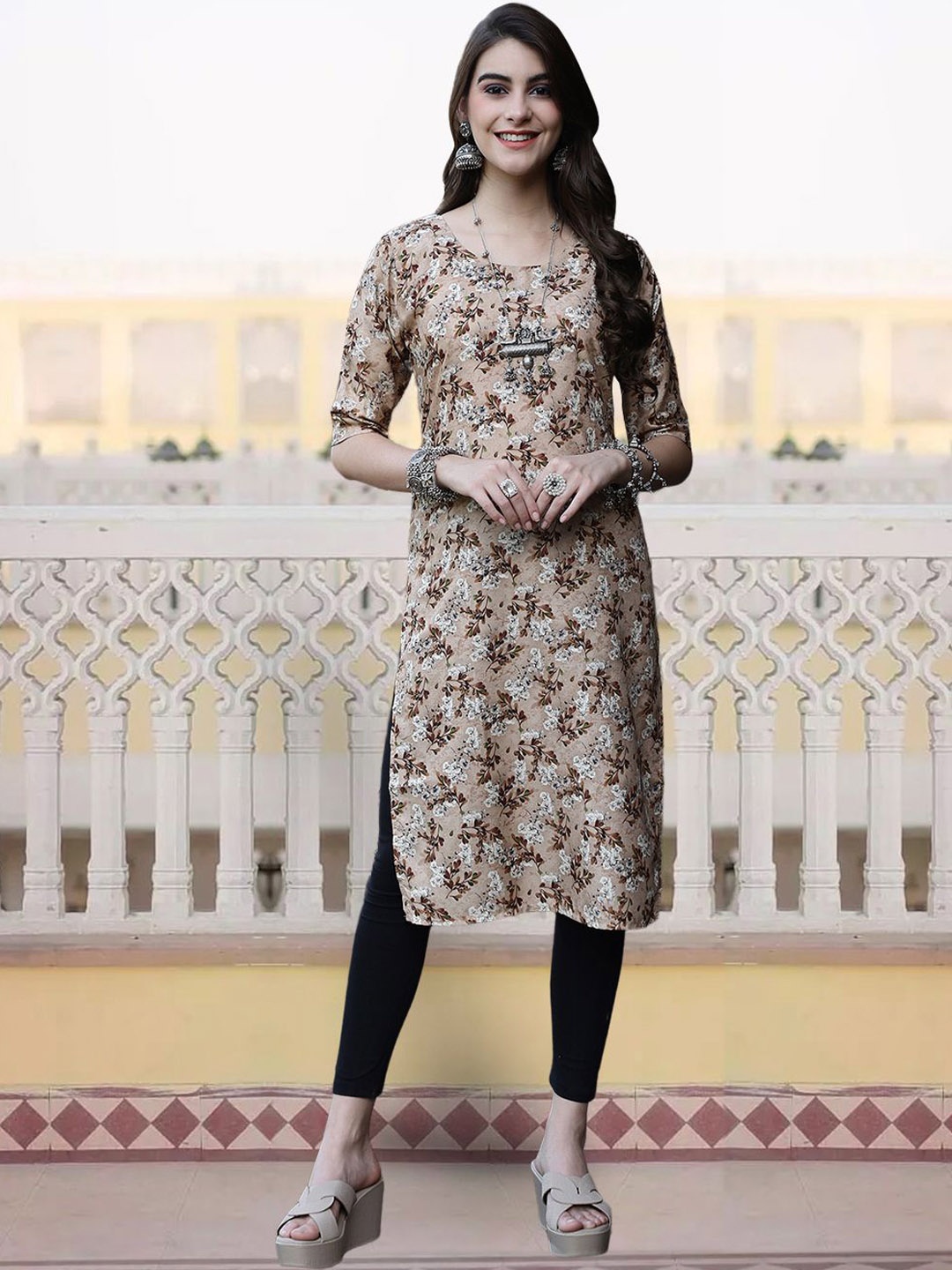 

7Threads Women Floral Yoke Design Flared Sleeves Mirror Work Floral Crepe Anarkali Kurta, Multi