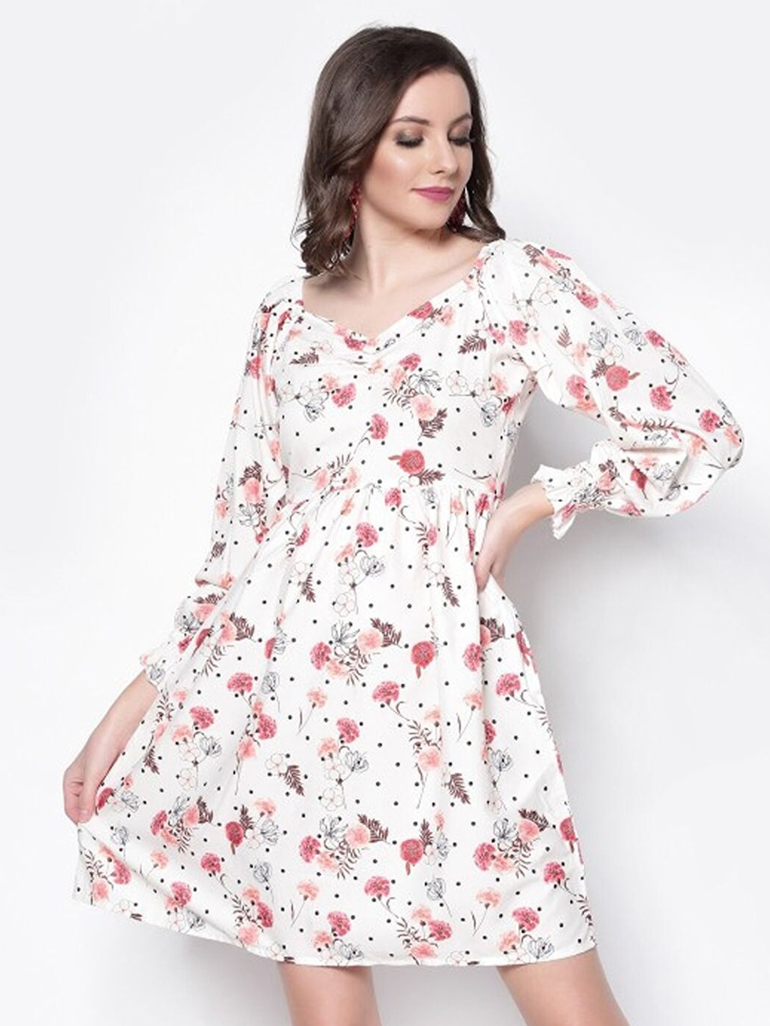 

Sera Floral Printed V-Neck Bell Sleeves A-Line Dress, Off white