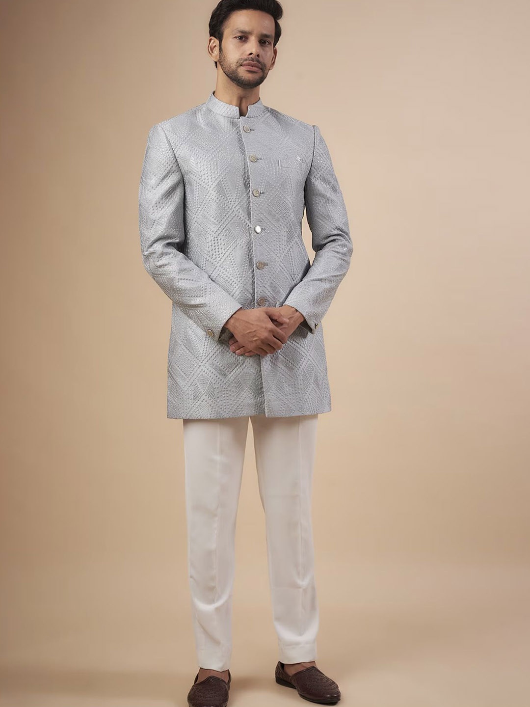 

sven suits Embroidered Sherwani Set, Grey