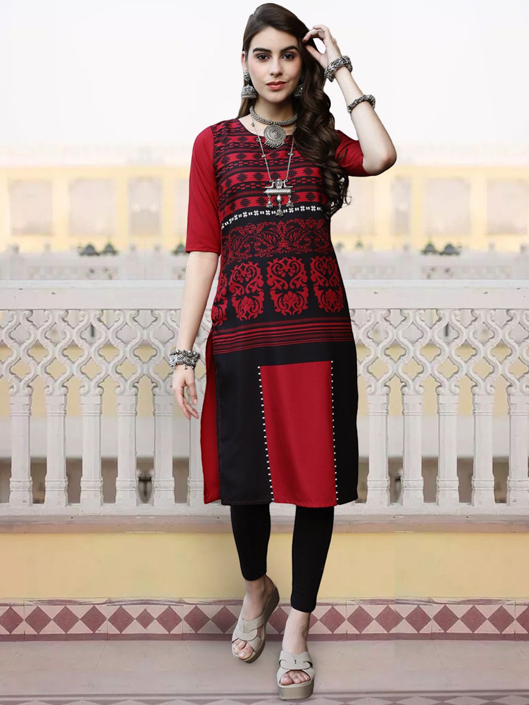 

7Threads Women Ethnic Motifs Printed Sequinned Floral Crepe Kurta, Multi