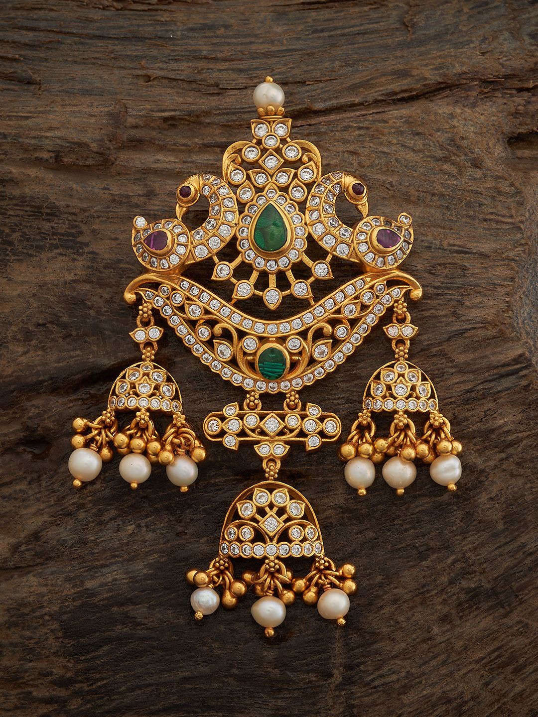 

Kushal's Fashion Jewellery 92.5 Pure Silver Gold-Plated Stones Studded Temple Pendant