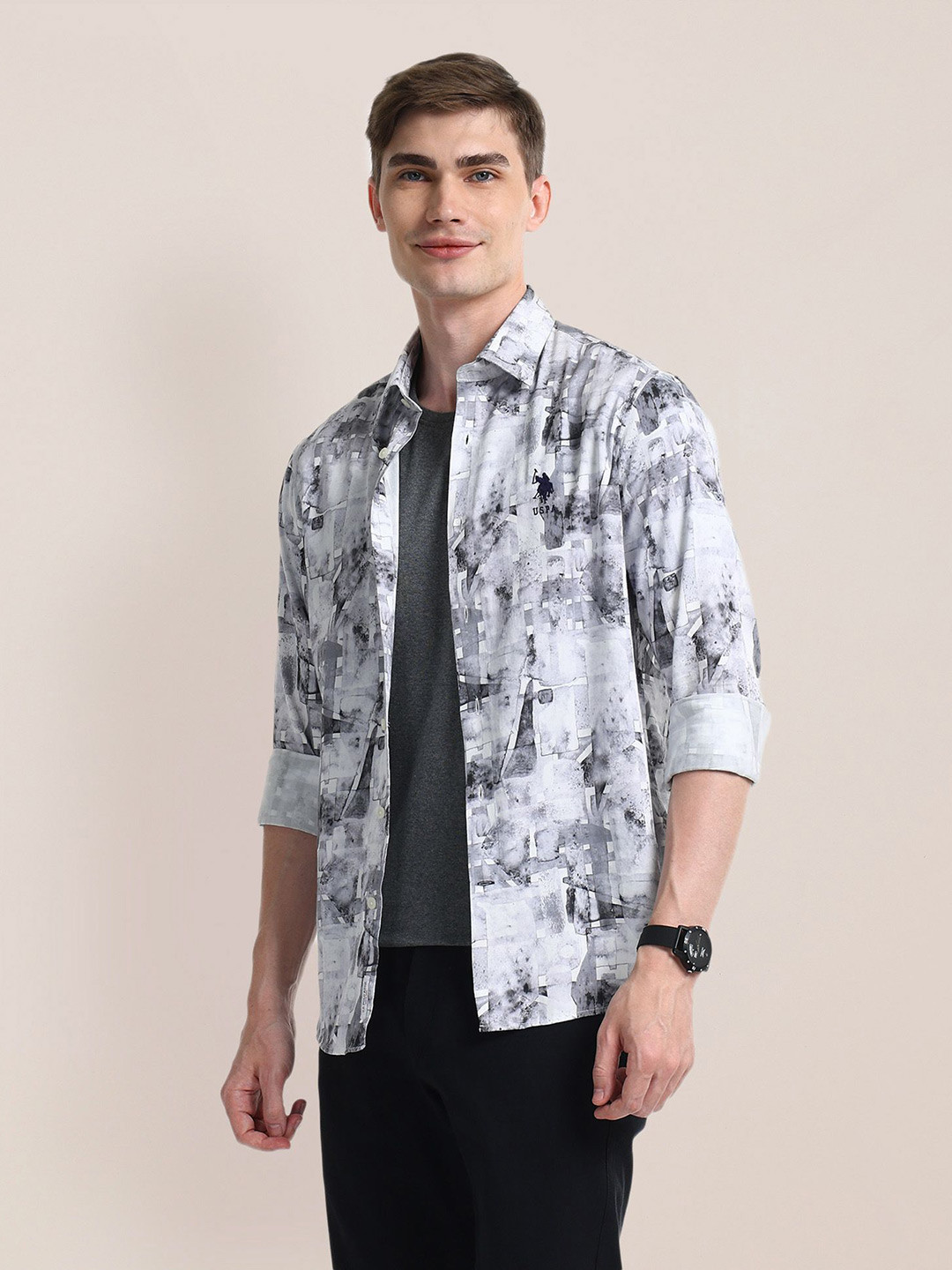 

U.S. Polo Assn. Men Classic Opaque Printed Casual Shirt, Grey