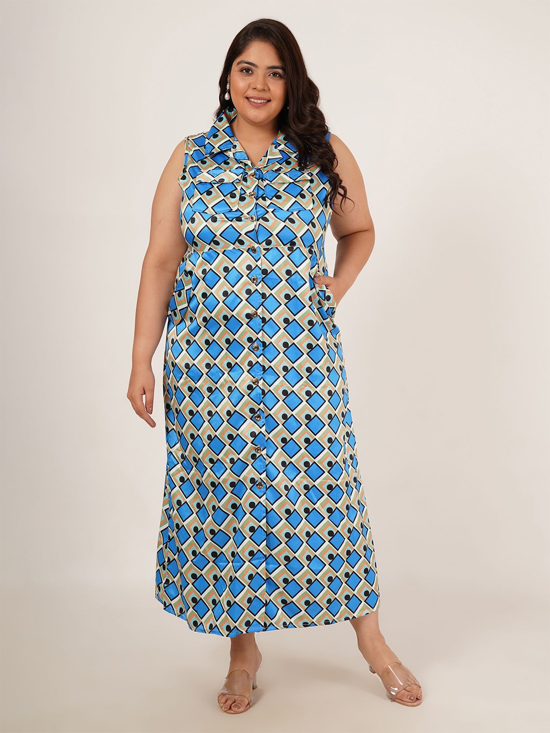 

Flambeur Plus Size Printed Satin Maxi Dress, Blue