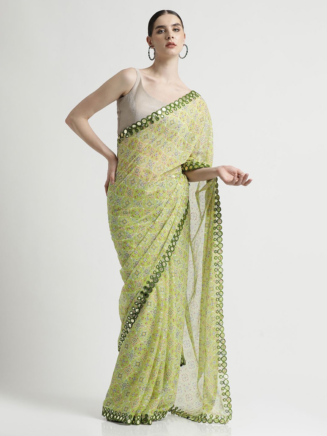 

Jaipur Kurti Floral Mirror Work Pure Georgette Saree, Olive