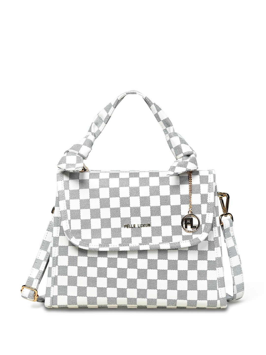

PELLE LUXUR Checked Printed PU Swagger Handheld Bag with Quilted, White