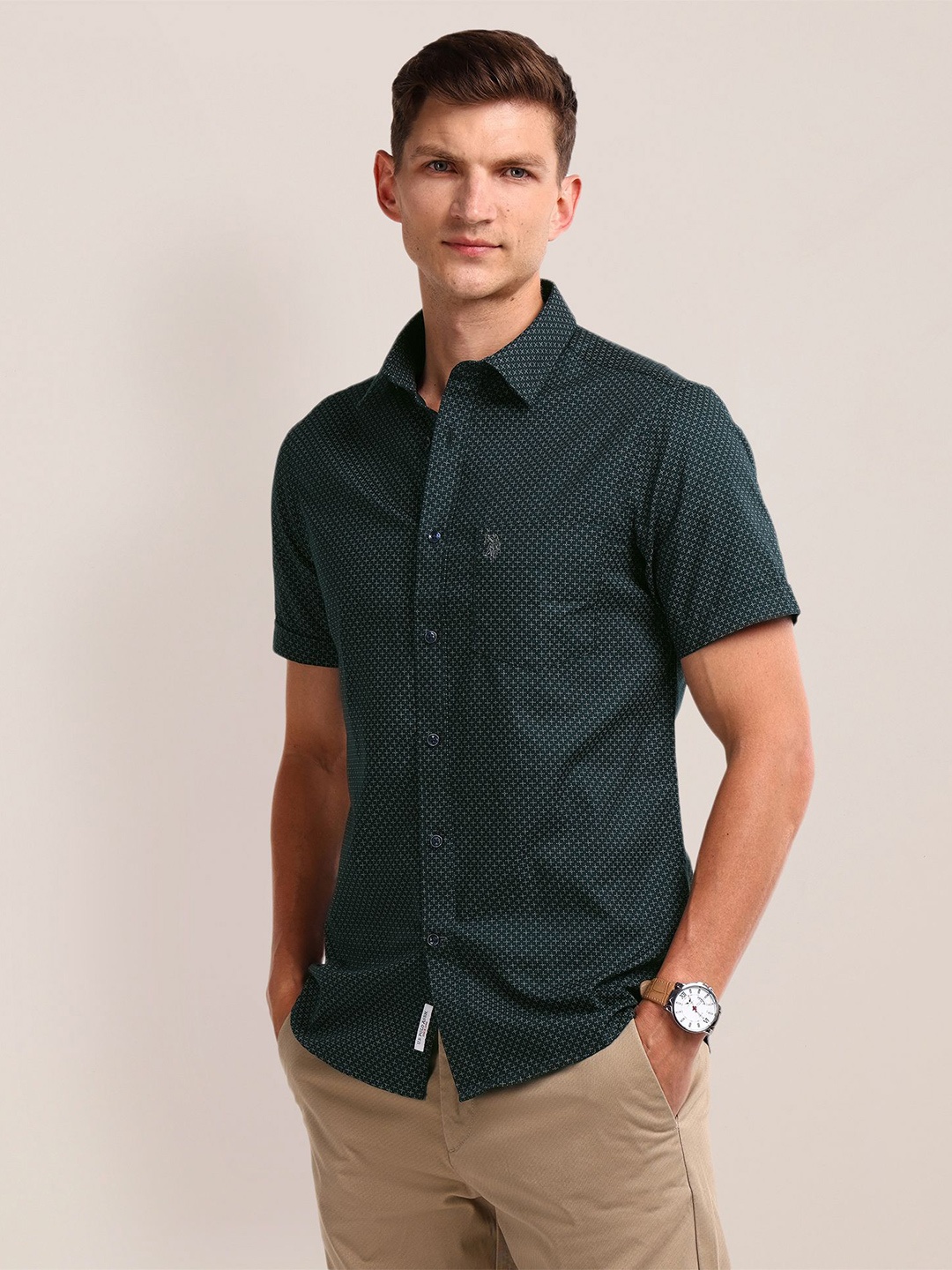 

U.S. Polo Assn. Men Classic Opaque Printed Casual Shirt, Green