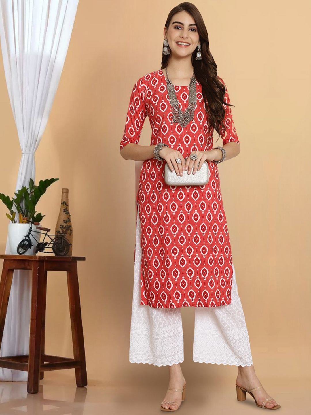 

7Threads Women Geometric Printed Thread Work Floral Crepe Anarkali Kurta, Multi