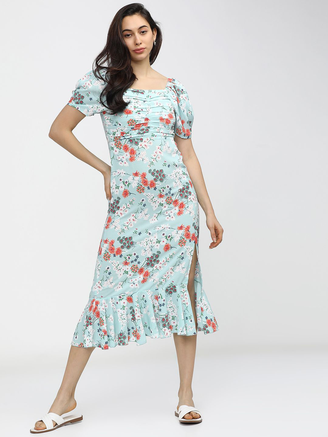 

Tokyo Talkies Women Floral Printed Square Neck A-Line Midi Dress, Teal