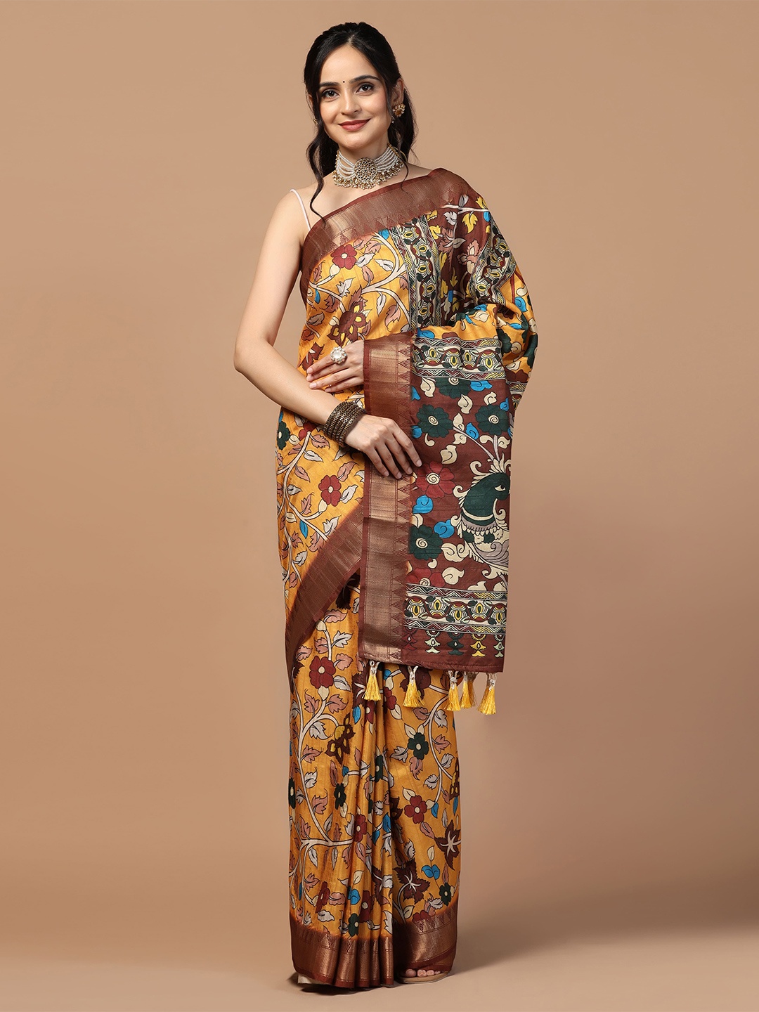

Kaizen TEXO FAB Women Kalamkari Printed Tussar Saree With Zari Border, Yellow