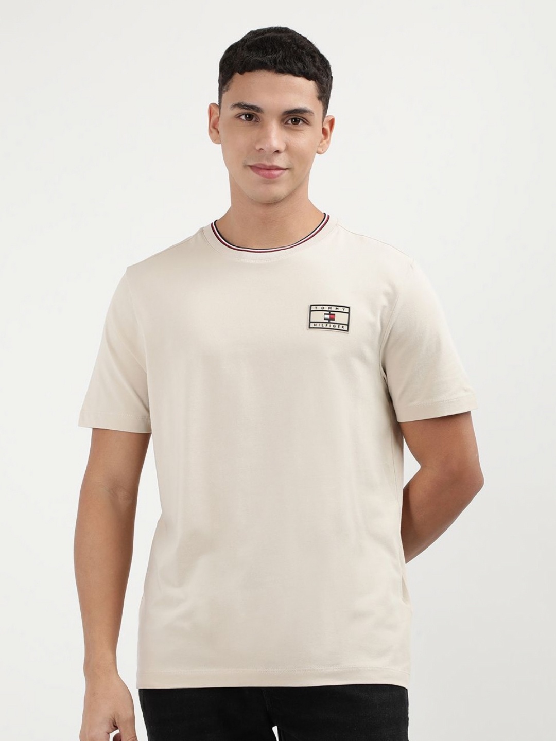 

Tommy Hilfiger Men Typography Printed Round Neck Cotton T-Shirt, Beige