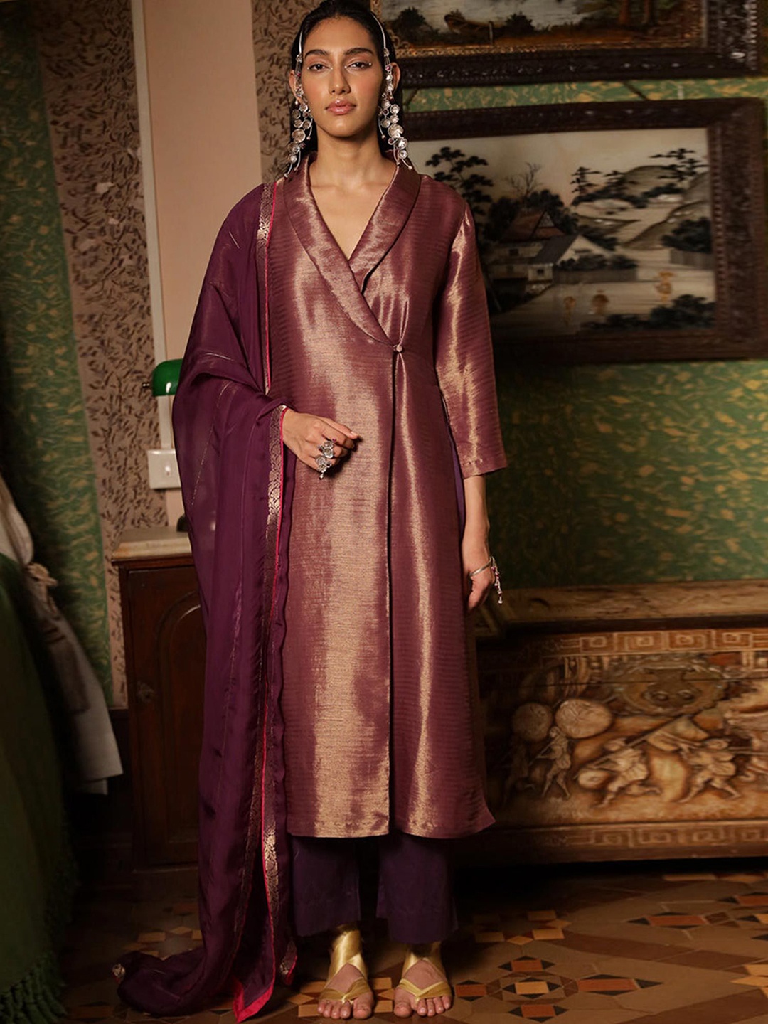 

Ganga Women Regular Raw Silk Kurta with Palazzos & With Dupatta, Purple