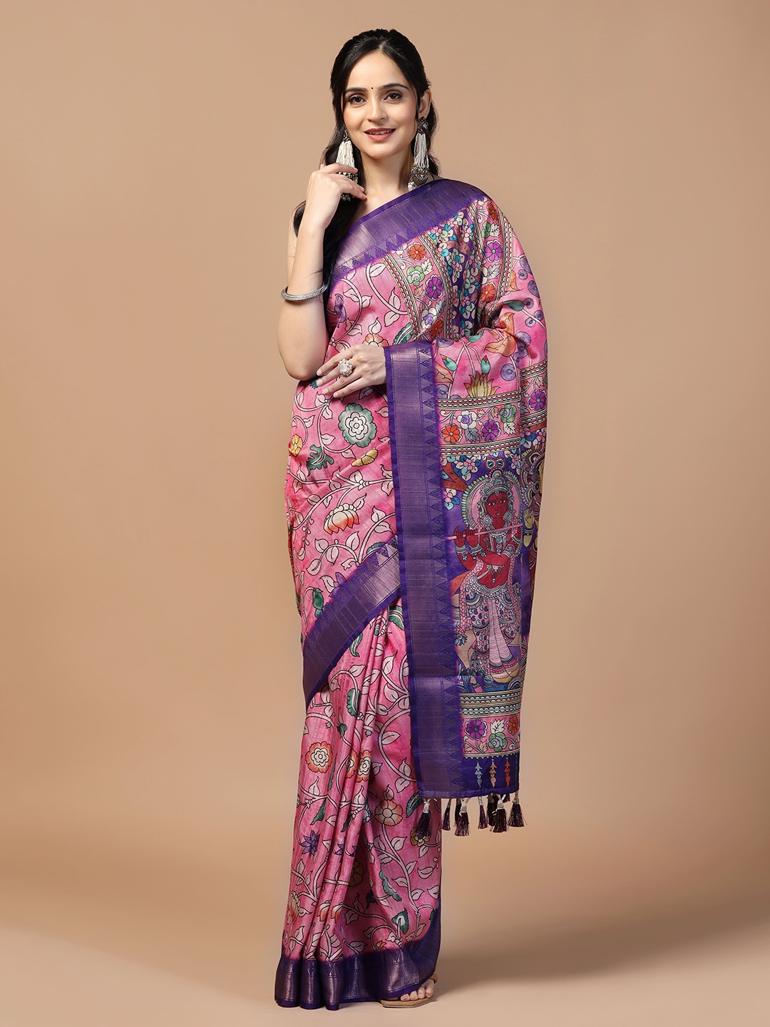 

Kaizen TEXO FAB Women Floral Printed Tusser Saree With Zari Border, Pink