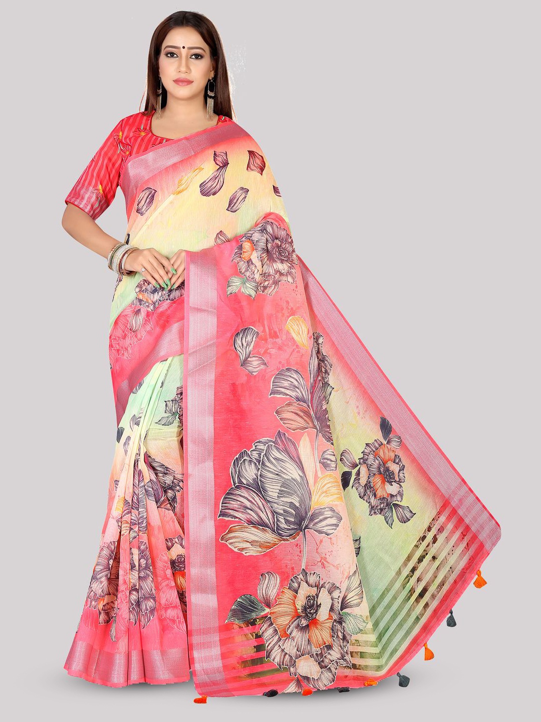 

Kaizen TEXO FAB Floral Khadi Saree with Zari Border, Pink