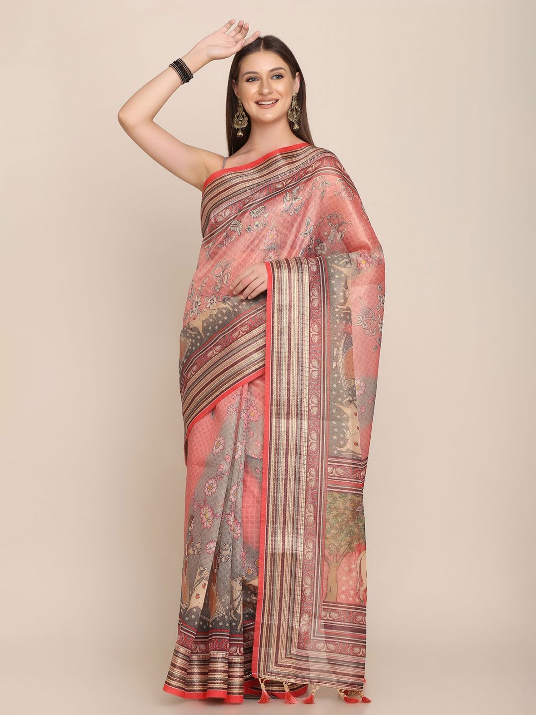 

Kaizen TEXO FAB Women Floral Printed Khadi Saree With Striped Border, Pink