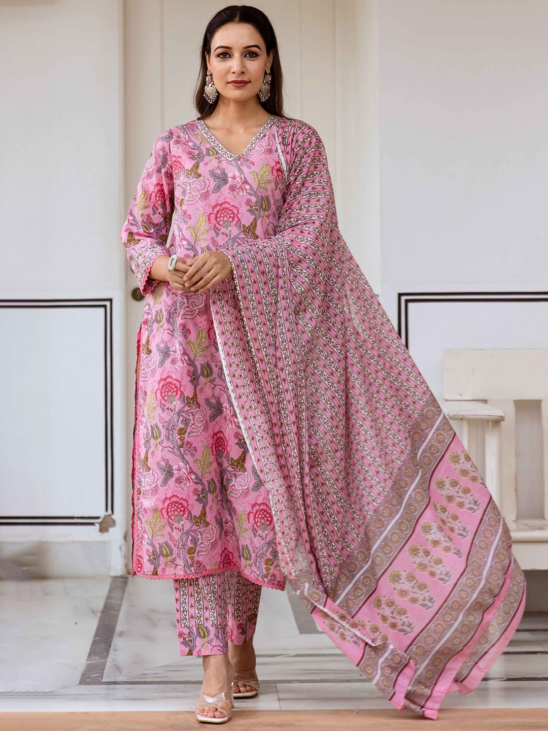 

KALINI Women Floral Printed Regular Sequinned Pure Cotton Kurta with Trousers & With Dupatta, Pink
