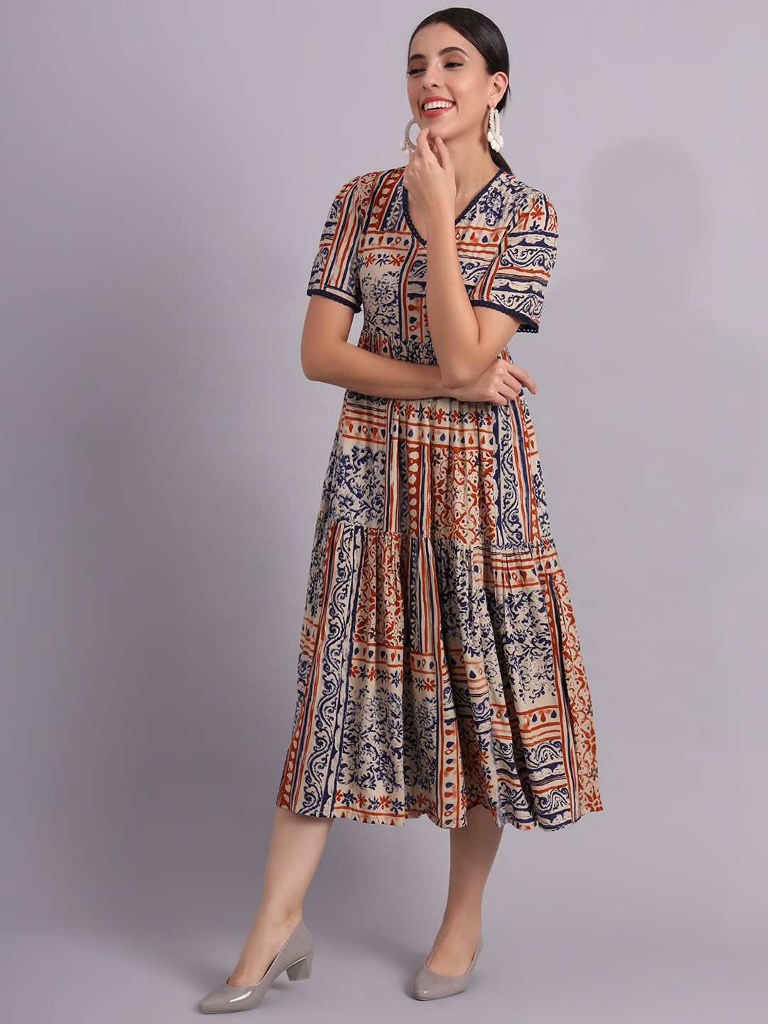 

KALINI Printed Fit & Flare Midi Dress, Beige