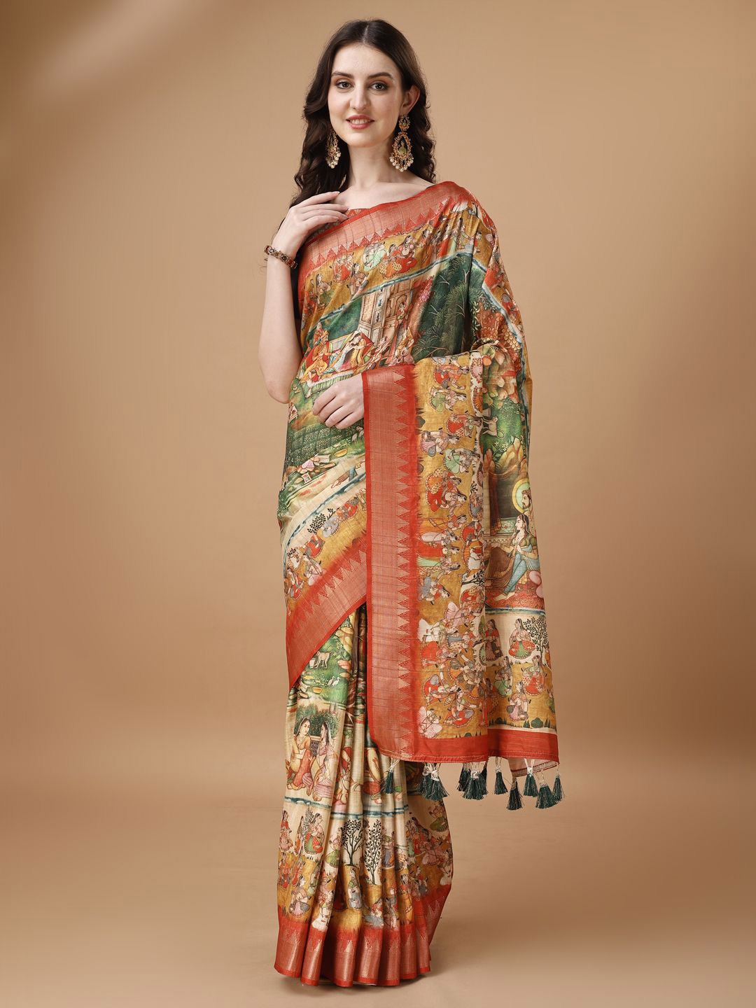 

Kaizen TEXO FAB Ethnic Motifs Tussar Saree with Zari Border, Red