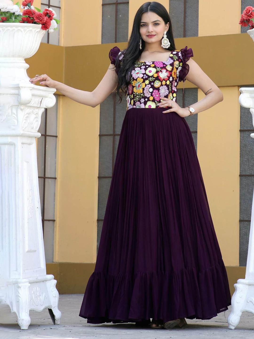 

KALINI Floral Print Flutter Sleeve Georgette Fit & Flare Maxi Dress, Purple