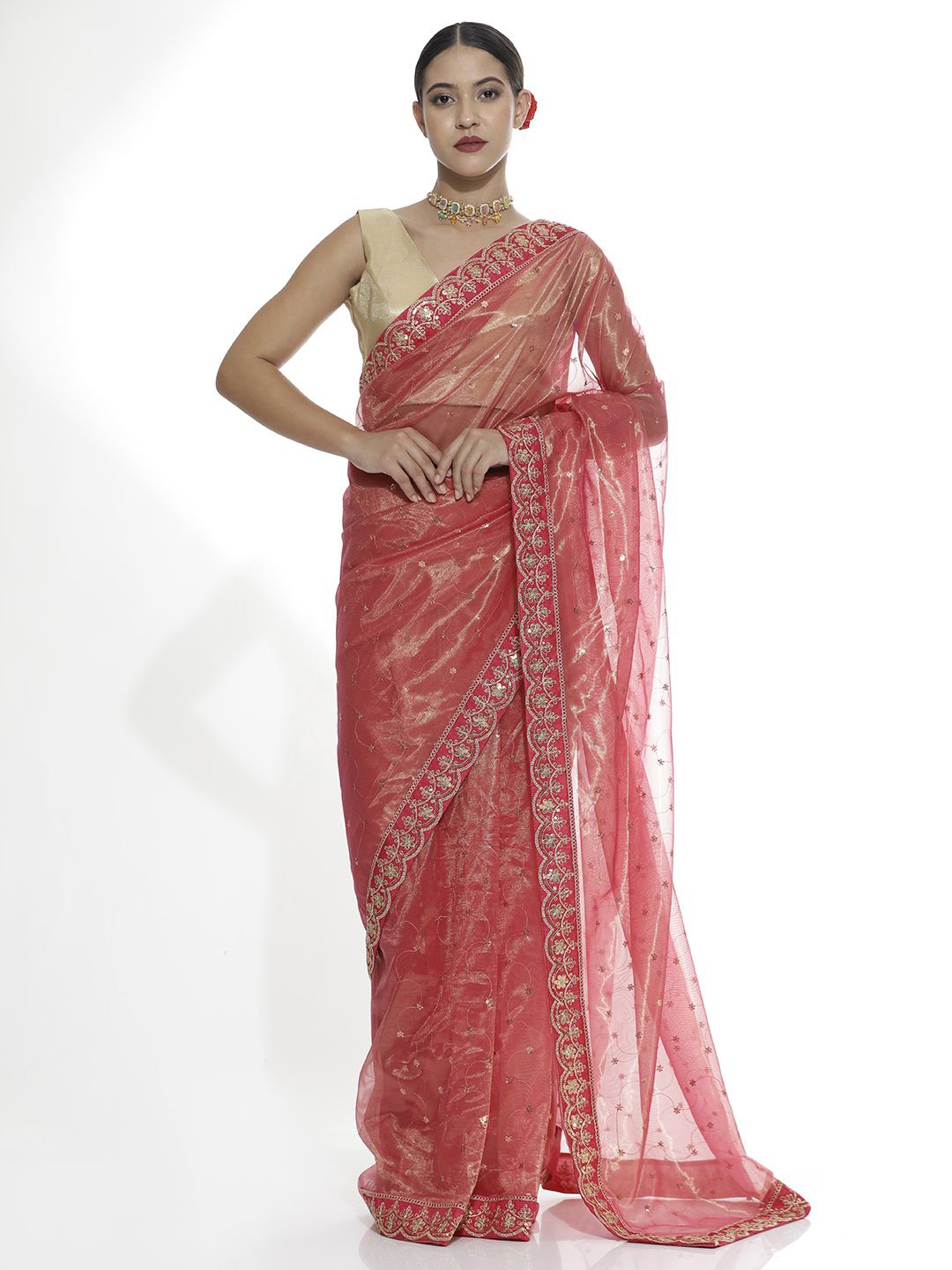 

Jaipur Kurti Embellished Sequinned Net Saree, Pink