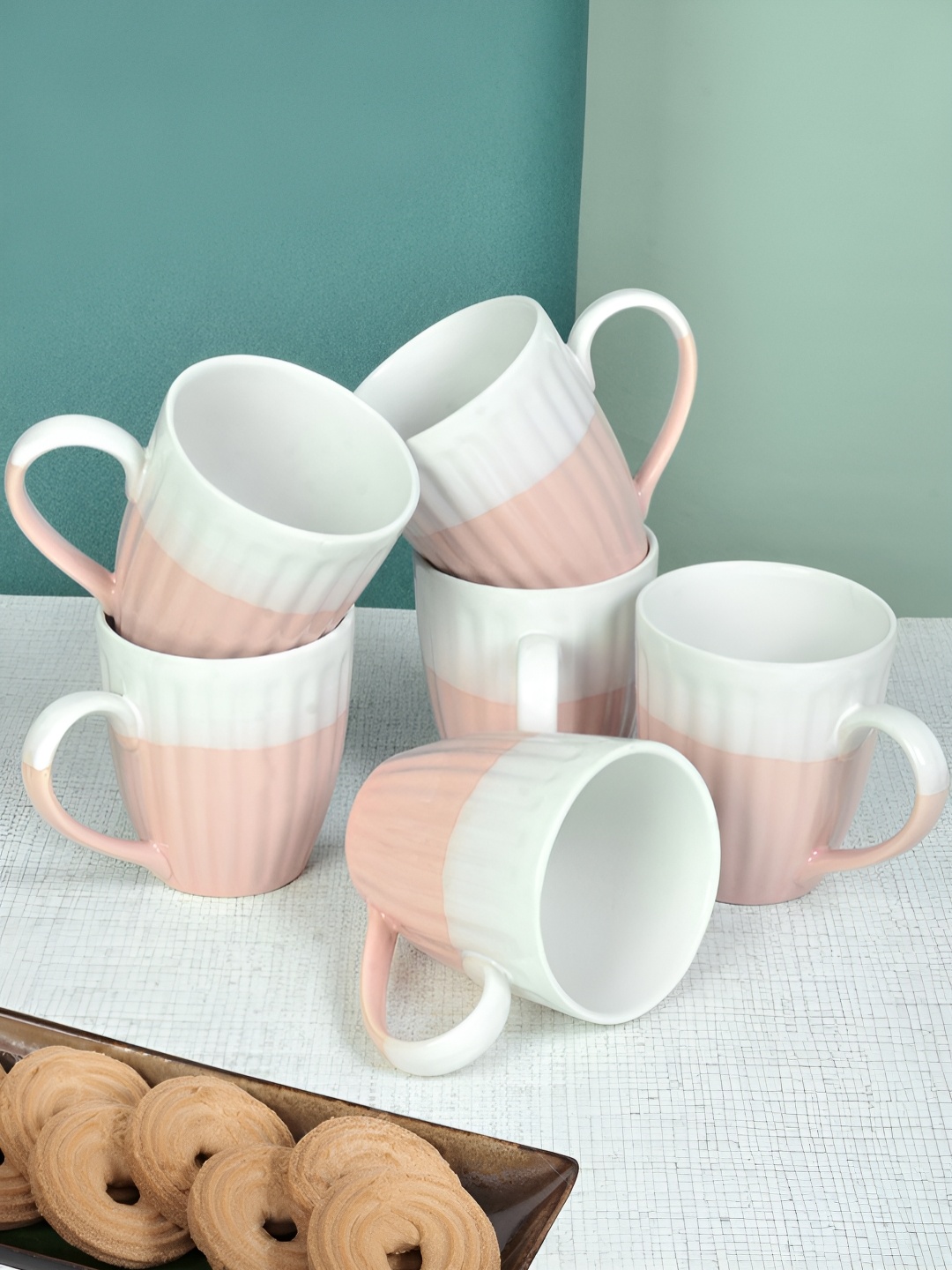 

FABINALIV Pink & White Striped 6 Pieces Textured Ceramics Matte Mugs 320 ml