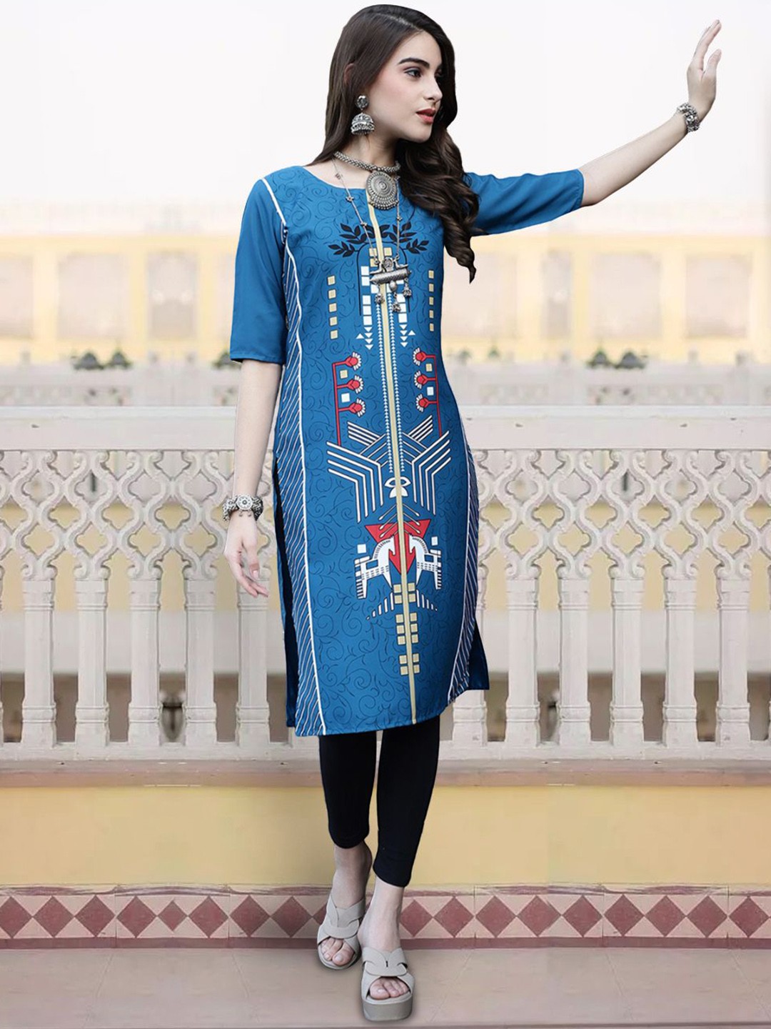 

7Threads Women Geometric Floral Crepe Kurta, Multi