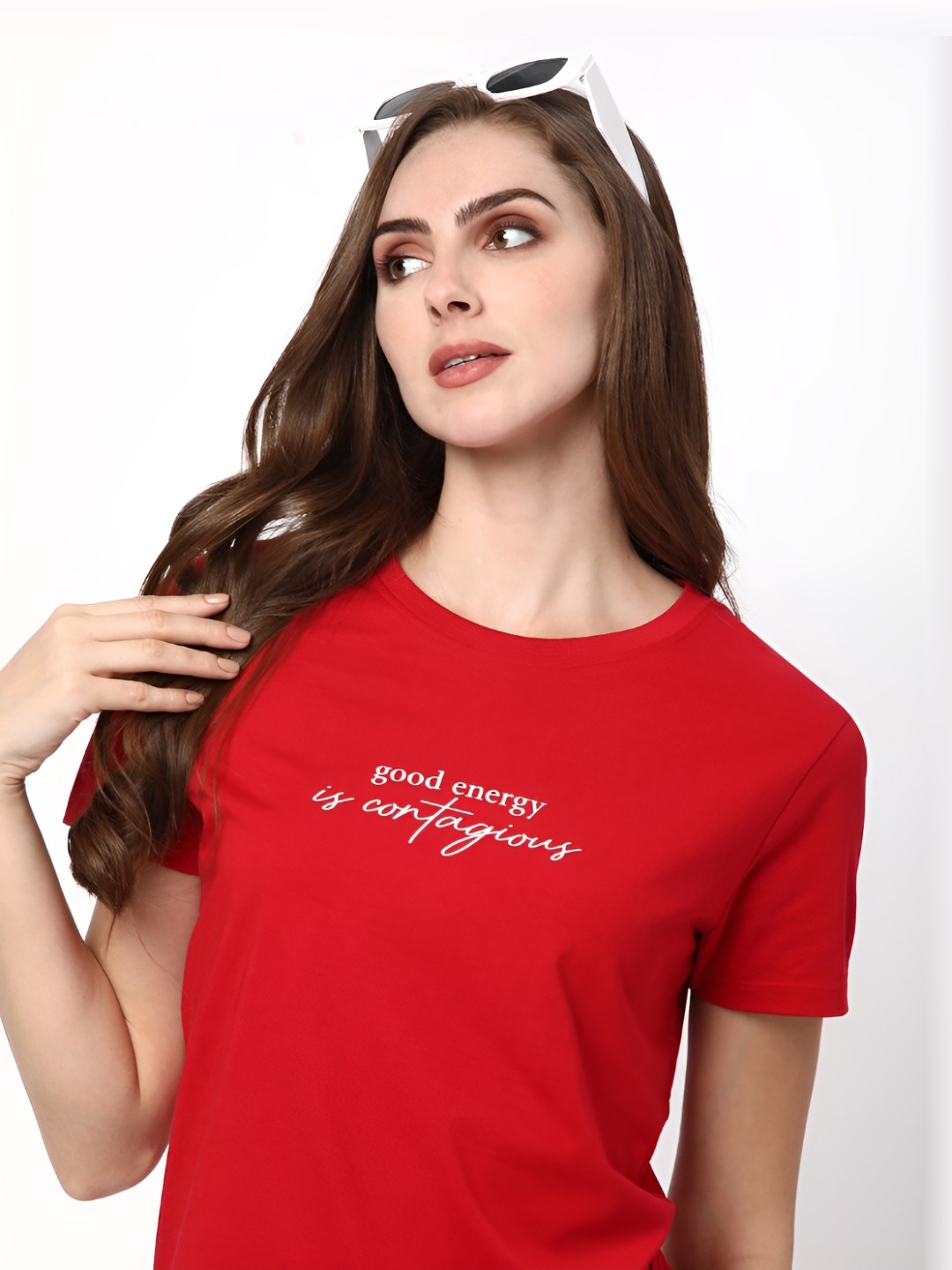 

R&B Women Typography Printed Round Neck Cotton T-Shirt, Red
