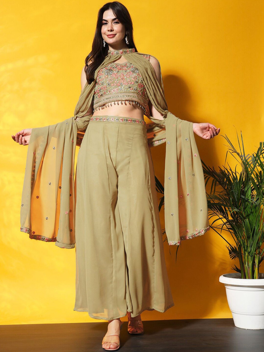 

Chhabra 555 Embroidered Co-Ord Set with Tassled Crop Top & Jasmine Inspired Cape Sleeves, Beige