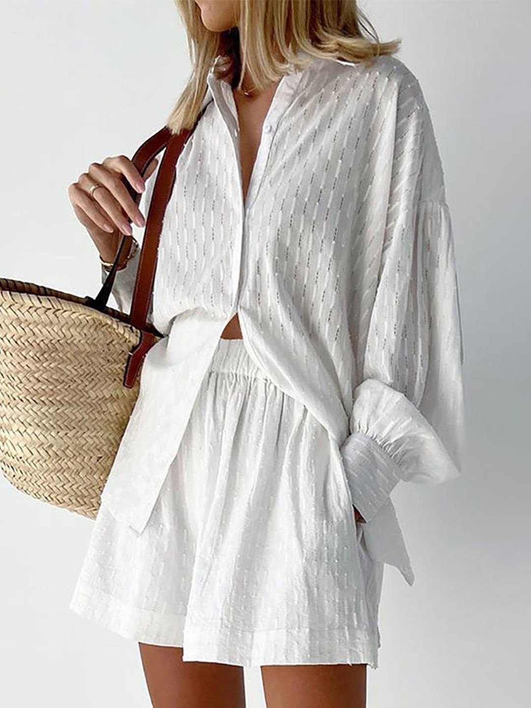 

LULU & SKY Self Design Shirt & Shorts Co-Ord Set, White