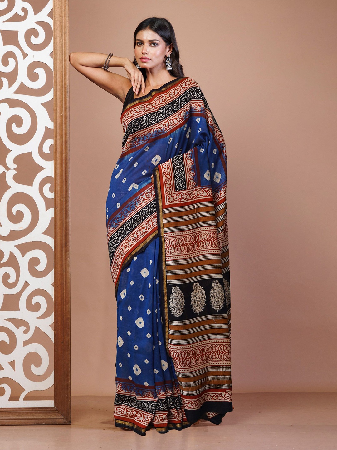 

Unnati Silks Bandhani Zari Handloom Chanderi Saree, Blue