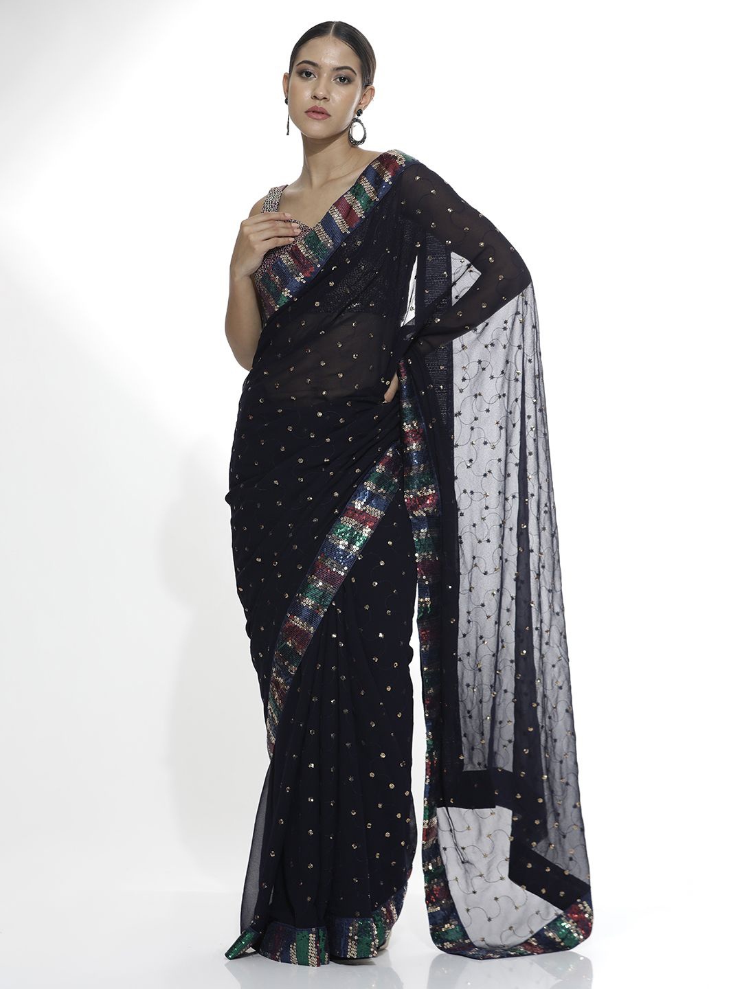 

Jaipur Kurti Floral Sequinned Pure Georgette Saree, Blue