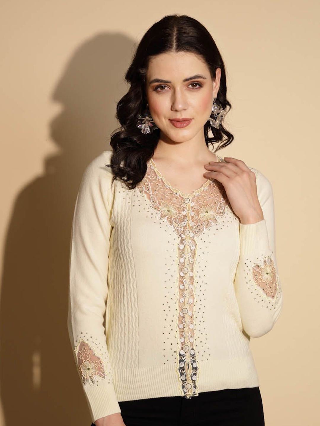 

Global Republic Women Floral Cardigan with Embellished Detail, Cream