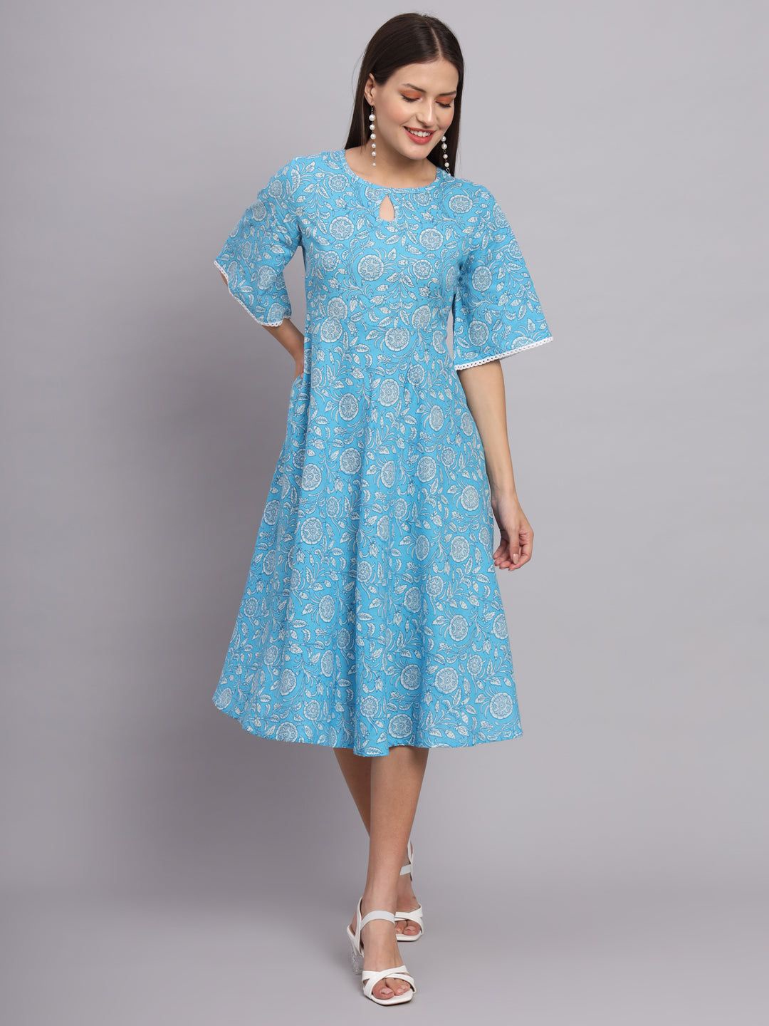 

KALINI Floral Printed Cotton A-Line Midi Dress, Blue