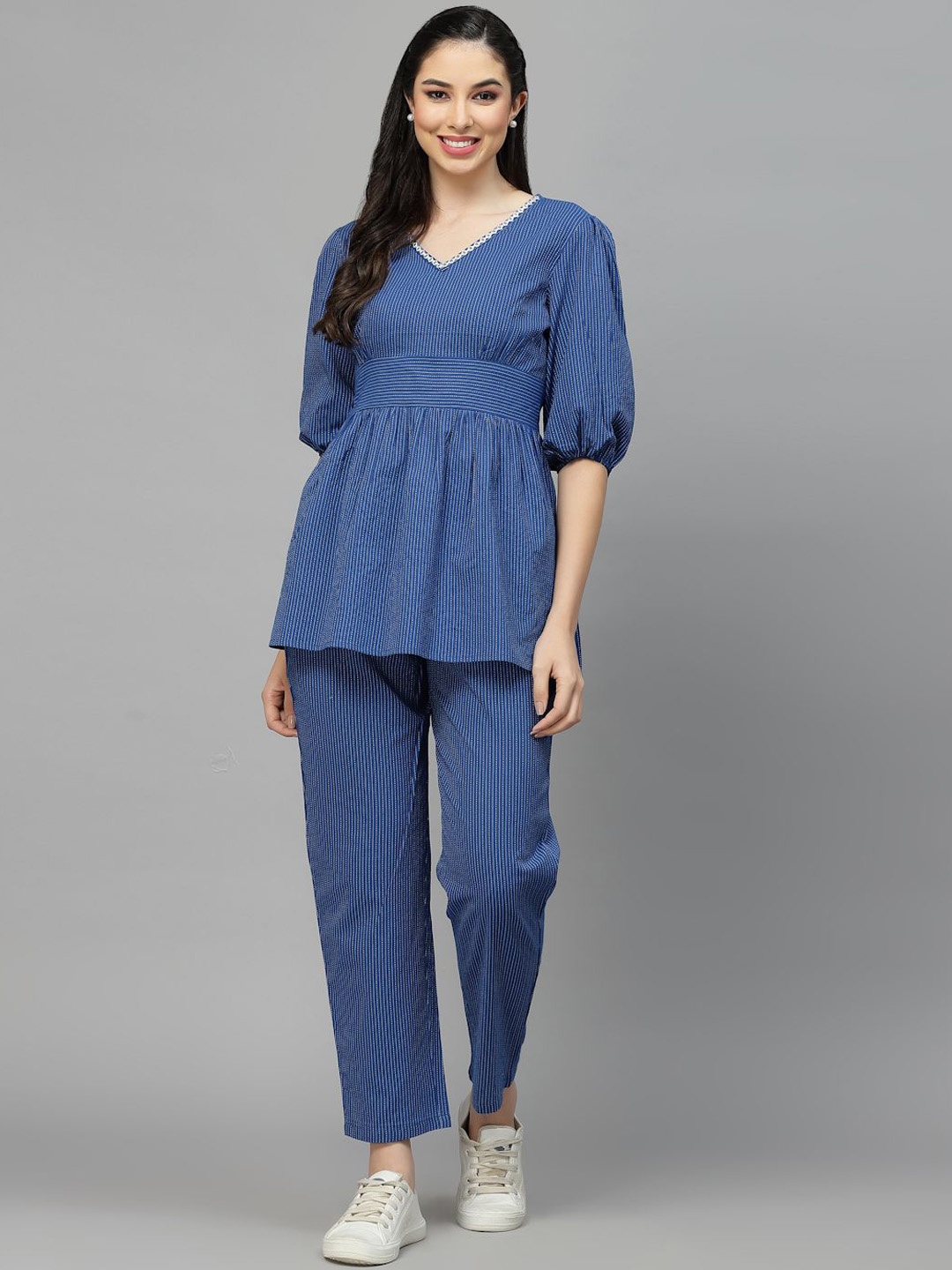 

Stylum Striped Pure Cotton Top With Trousers Co-Ords, Blue