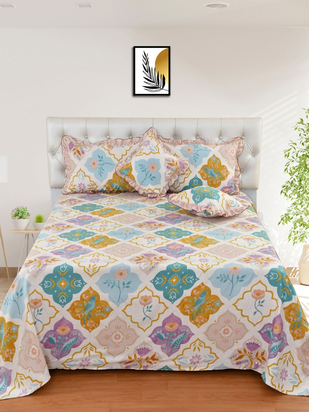 

MORADO Purple & White Floral Printed Cotton Fine Double King Bedding Set