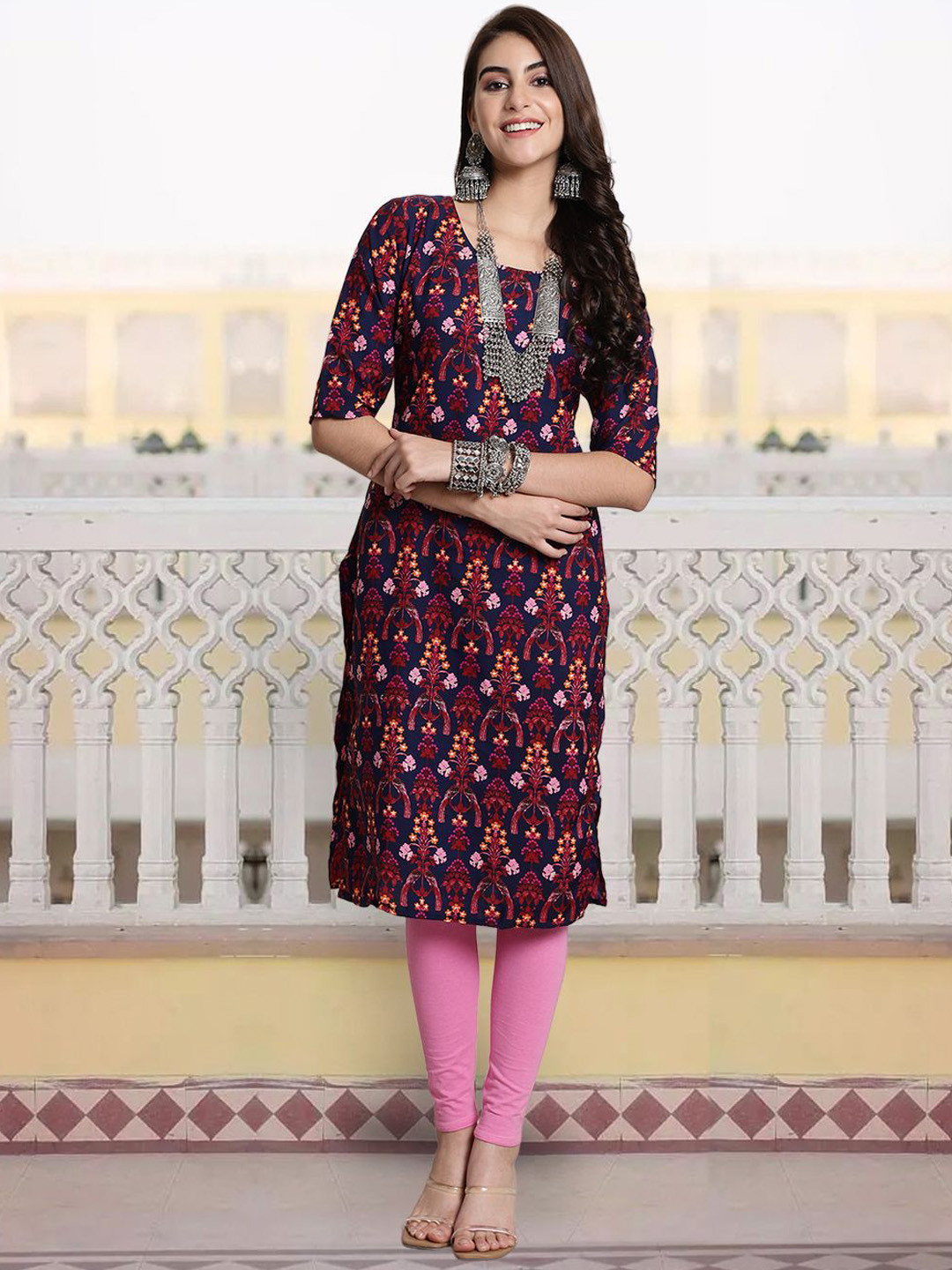 

7Threads Women Ethnic Motifs Printed Keyhole Neck Sequinned Floral Crepe Kurta, Multi