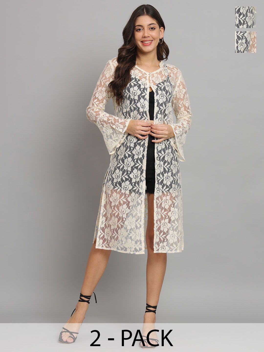 

urSense Women Printed Longline Button Shrug, Off white