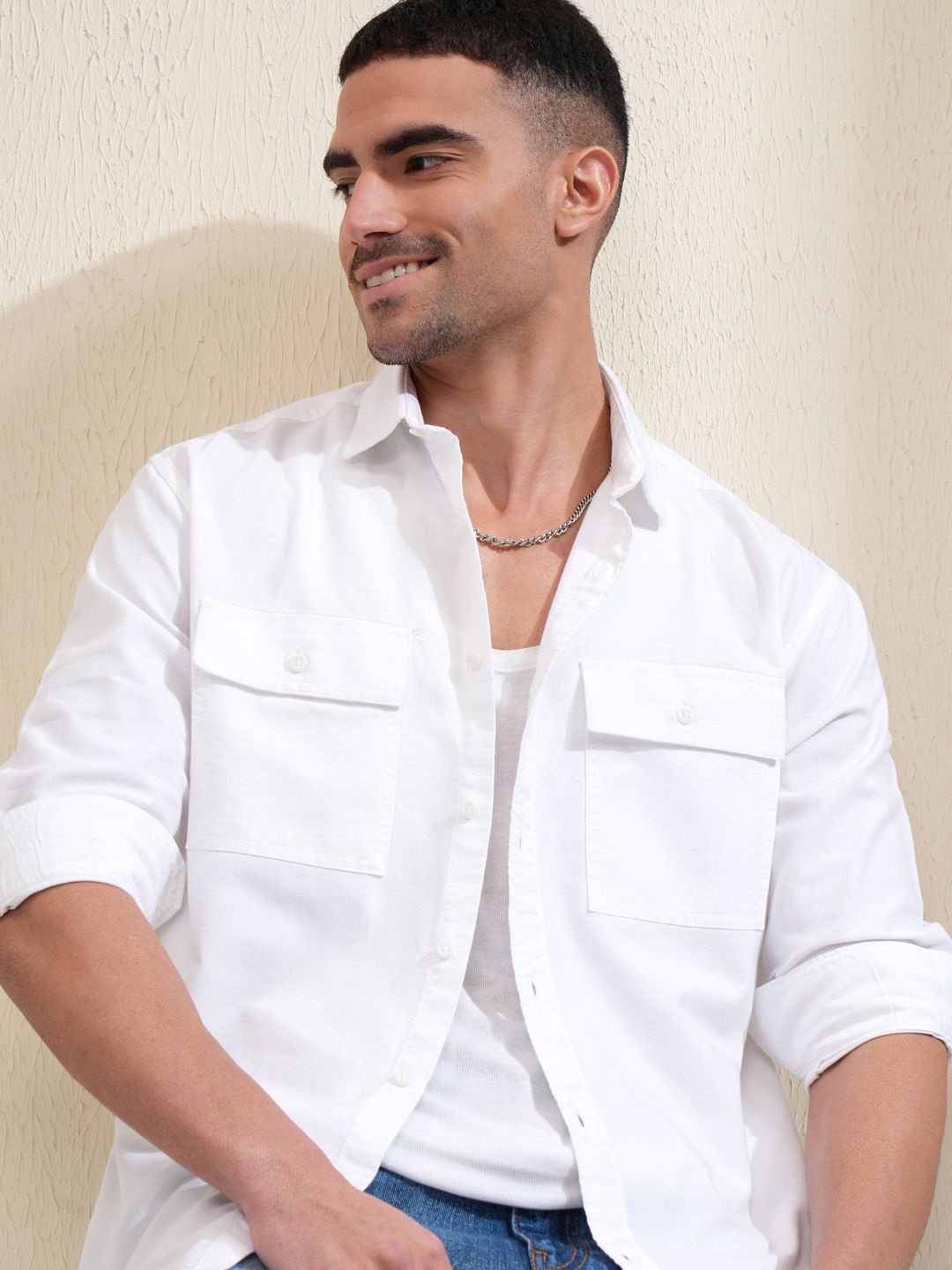 

LOCOMOTIVE Premium Men Solid Utility Pocket Relaxed Fit Shirt, White