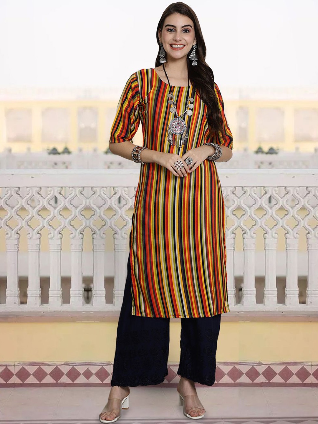 

7Threads Women Ethnic Motifs Printed Keyhole Neck Sequinned Floral Crepe Kurta, Multi