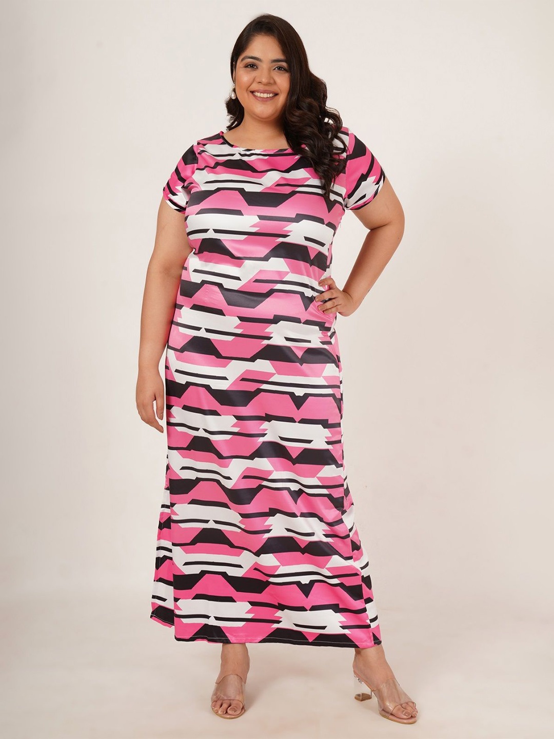 

Flambeur Plus Size Printed Short Sleeves Satin Maxi Dress, Pink