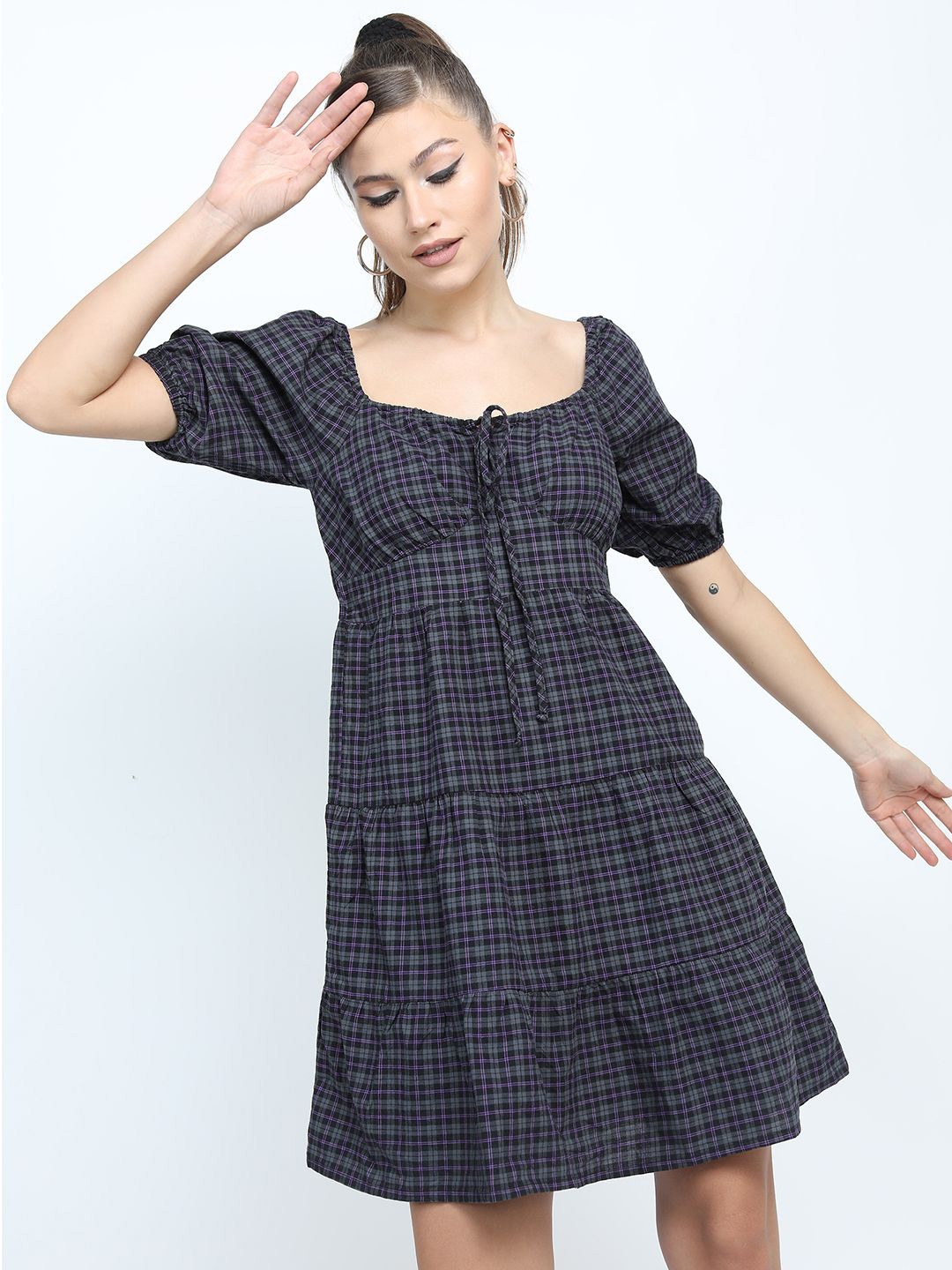 

Tokyo Talkies Checked Puff Sleeve Fit & Flare Dress, Black