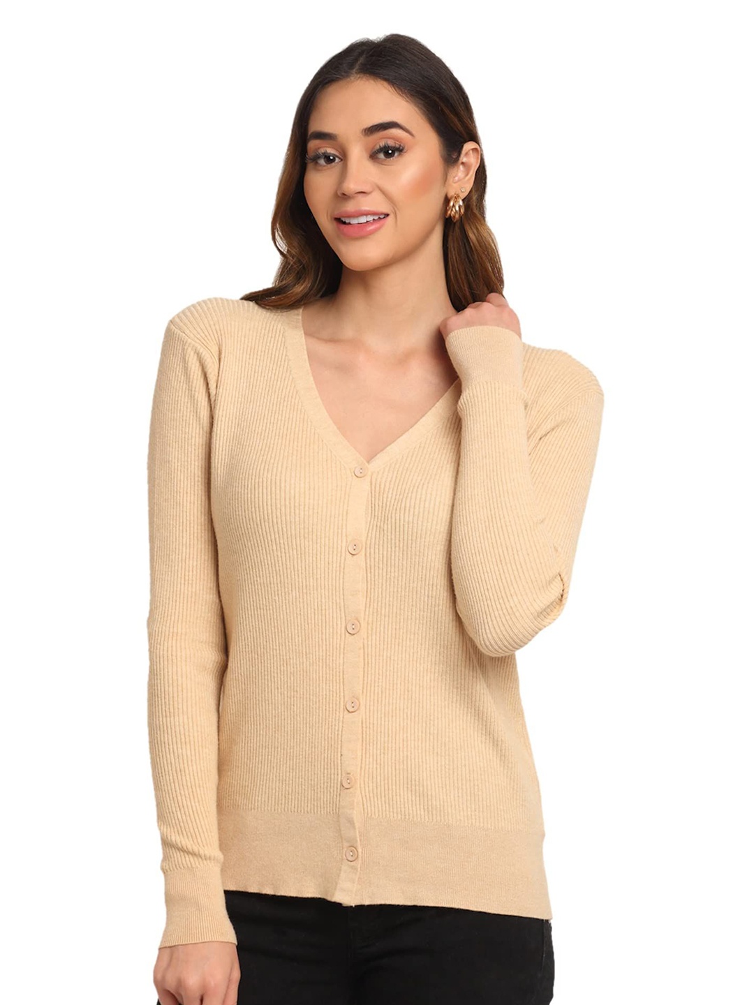 

Global Republic Women Ribbed Cardigan, Beige