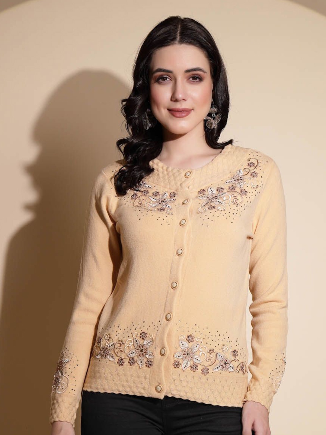 

Global Republic Women Embroidered Cardigan, Beige
