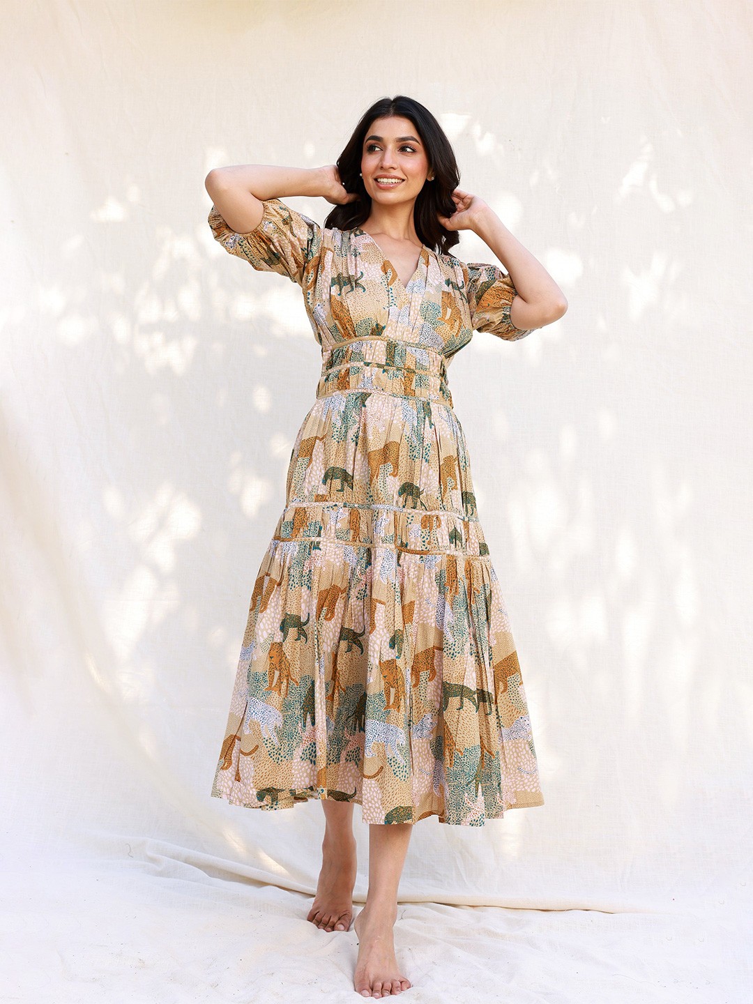 

MOONSTRUCK Women Abstract Printed Fit & Flare Dress, Beige