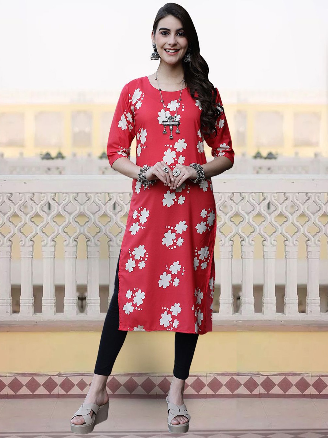 

7Threads Women Ethnic Motifs Printed Sequinned Floral Crepe Kurta, Multi