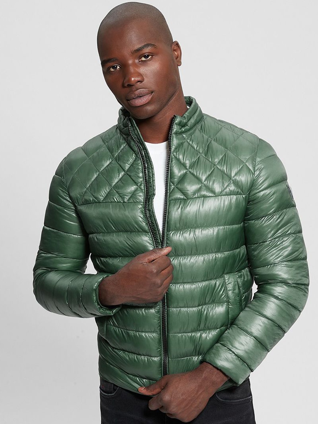 

GUESS Men Puffer Jacket with Patchwork, Green