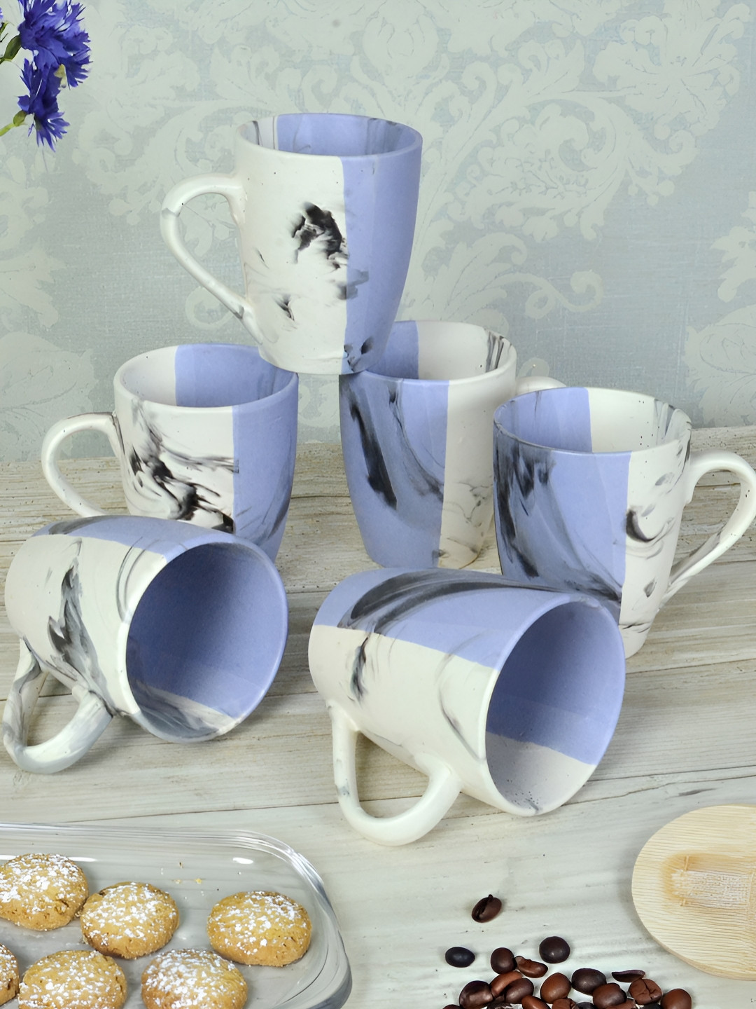 

FABINALIV Set of 6 Purple & White Striped Handcrafted Ceramics Matte Mugs